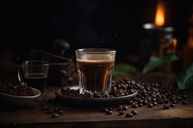 heißer Kaffee mit Kaffeebohnen auf einem Holztisch