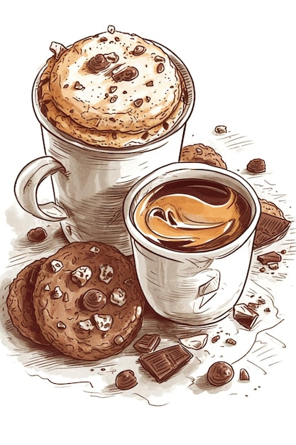 Foto heißer kaffee und kekse, handgezeichnete vektorillustration