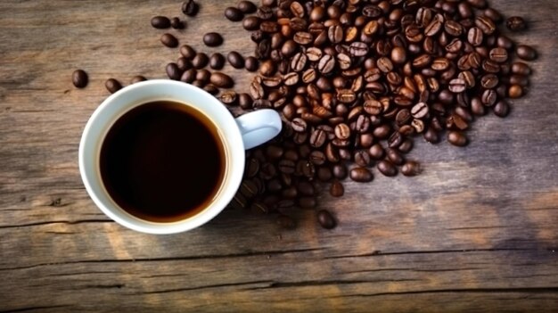 Foto heißer kaffee und samen auf der oberfläche des alten holztisches