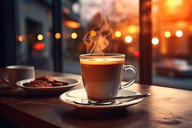 Heißer Kaffeebecher mit Bohnen und Rauch auf einem Holztisch Hintergrund Straße Winter Hintergrund Bokeh Licht