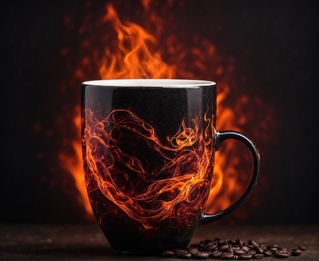 Heißer Kaffeebecher mit Feuerflammen auf dunklem Hintergrund