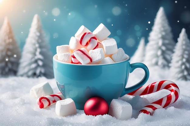 Heißer Kaffeebecher mit Marshmallows und rotem Zuckerrohr auf einem frostigen Winterhintergrund