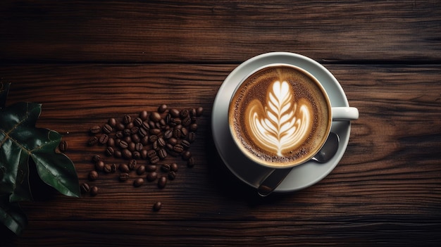 Heißer Latte-Kaffee mit Kaffeebohnen auf Holztisch