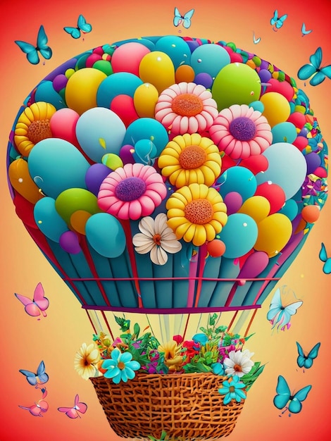 Heißer Luftballon mit voller Blumen und Schmetterlinge um den orangefarbenen Himmel im Hintergrund Glücklicher Geburtstag Korb Ballons