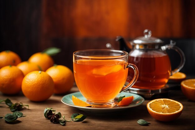 Heißer Orangentee und frische Orange auf dem Tisch