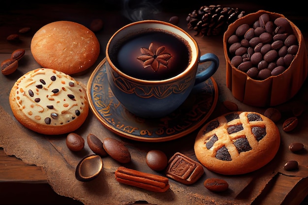 Heißer schwarzer Kaffee mit Keksen und Bohnen im Café Generative Ai