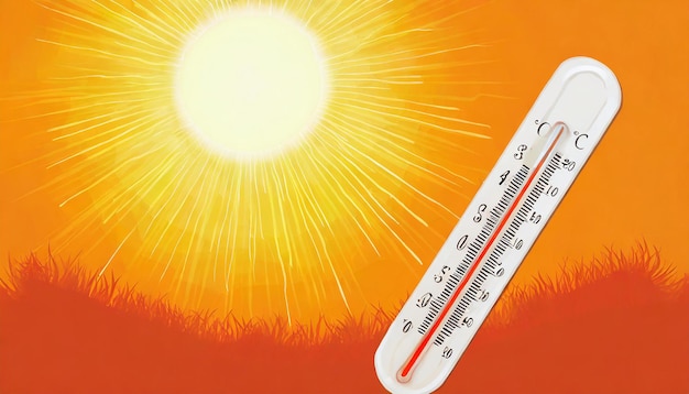 Heißer Sommer oder Hitzewelle Hintergrund glühende Sonne auf orangefarbenem Himmel mit Thermometer in der oberen linken Ecke s
