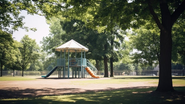 Heißer Sommer, sonniger Park, leer und ruhig