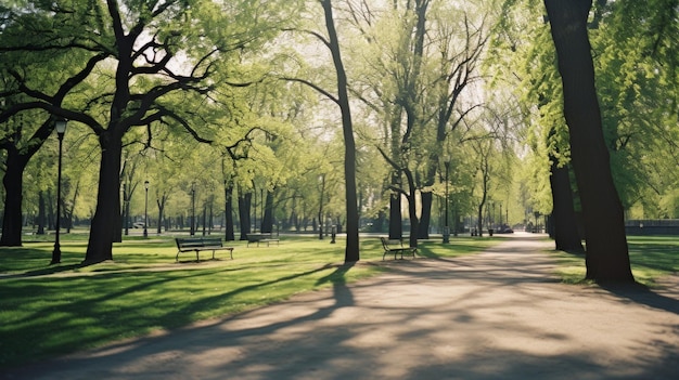 Heißer Sommer, sonniger Park, leer und ruhig