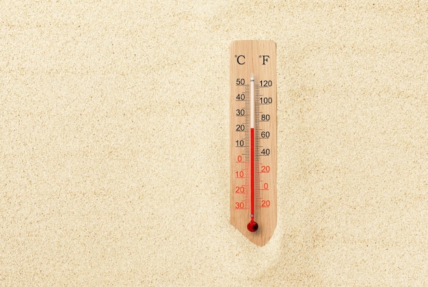 Heißer Sommertag Celsius- und Fahrenheit-Skalenthermometer im Sand Umgebungstemperatur plus 22