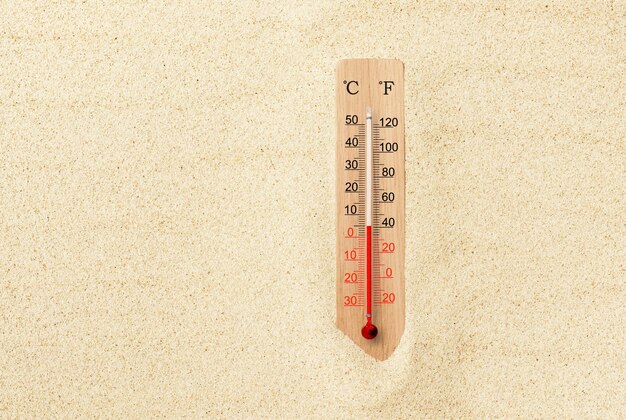 Heißer Sommertag Celsius- und Fahrenheit-Skalenthermometer im Sand Umgebungstemperatur plus 5