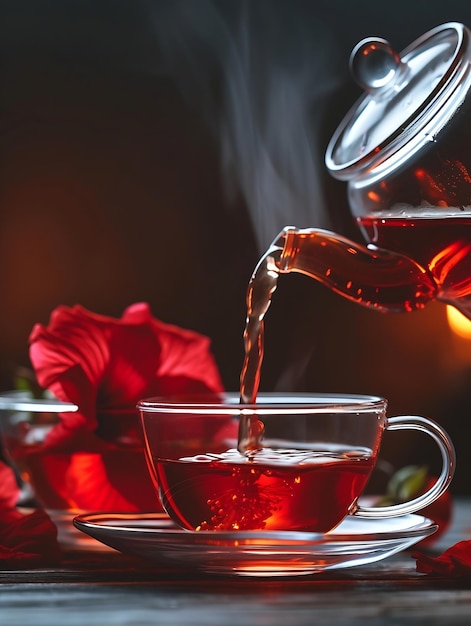 Heißer Tee fließt aus einem Glasteepott in einen Becher Hibiscus roter Tee in einem Glasbecher closeu Generative AI