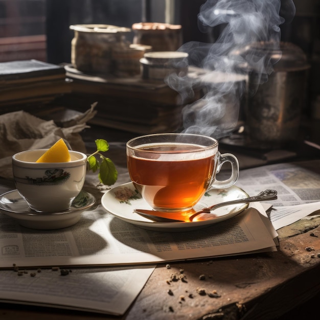 Heißer Tee in einer Tasse, bereit auf dem Tisch. Tassen und Teekanne bereit für den Tee. Generative KI