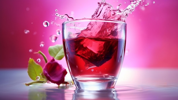 Heißer Tee mit Hibiskusblütenblättern in einer Glastasse versprüht das Konzept der Langlebigkeit. Generierte KI