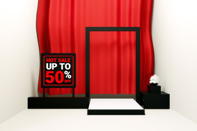 Heißer verkauf von bis zu fünfzig prozent text in einem podiumsproduktverkauf mit rotem vorhang 3d-rendering