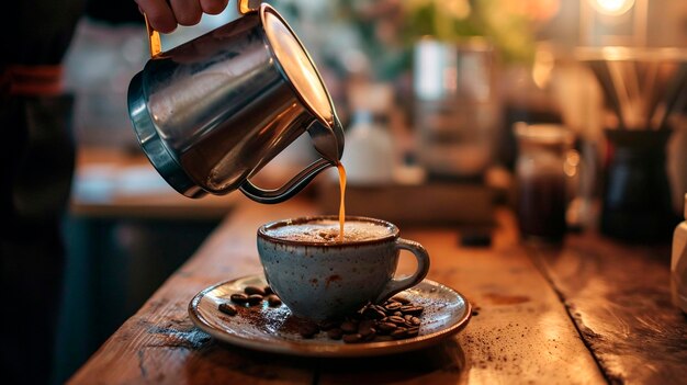 Heißes Kaffee in eine Tasse gießen Selektive Fokussierung