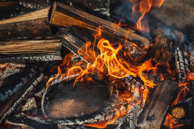 Heißes Lagerfeuer mit brennenden Holzscheiten hautnah