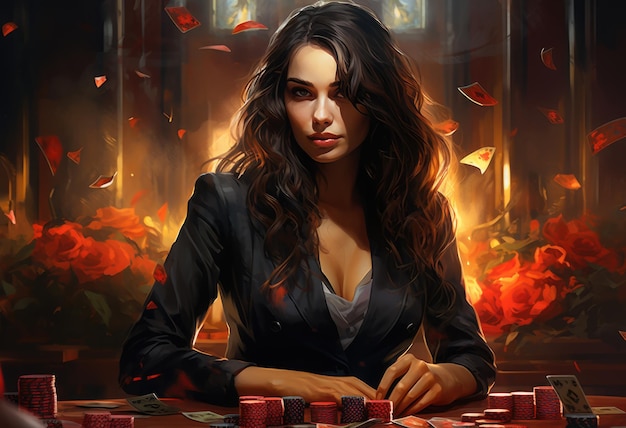 Heißes Mädchen am Tisch, das in einem Fantasy-Casino Poker spielt