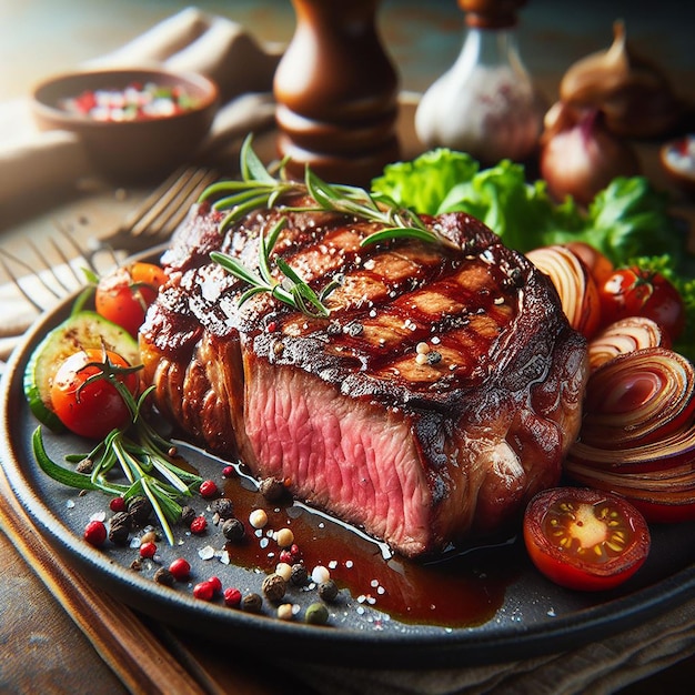 Heißes, saftiges Steak auf einem geschmückten Teller mit Tomaten und Knoblauch