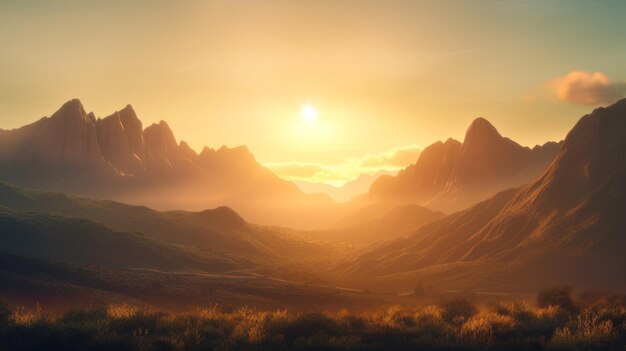 Heißes Sommerlicht aufgehende Sonne am Morgen Berge reisen Landschaft generative ai