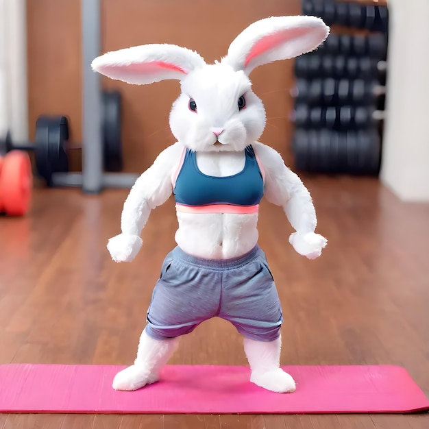 Heißes, süßes, kleines Kaninchen trägt Trainingskleidung, trainiert im Fitnessstudio