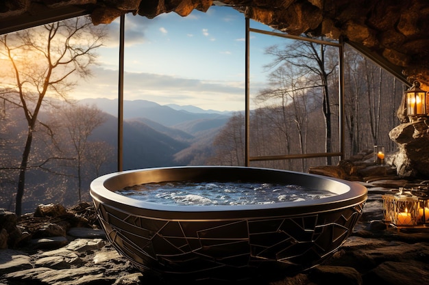 Foto heißes thermal-whirlpoolbad im wellnesshotel in der natur mit blick auf die berge und den wald
