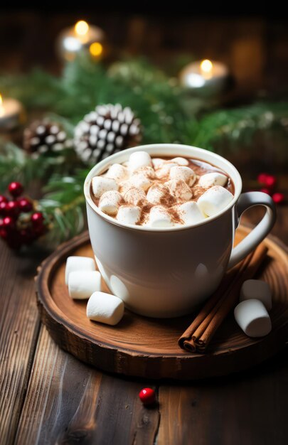 Heißes Weihnachtsgetränk mit Marshmallows unter den Elementen des Neujahrs