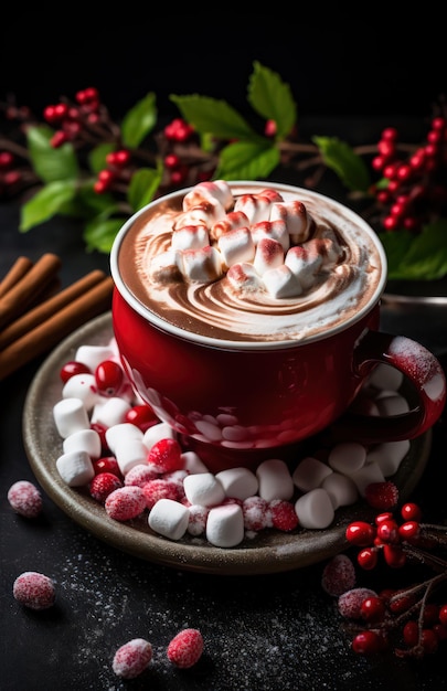 Heißes Weihnachtsgetränk mit Marshmallows unter den Elementen des Neujahrs