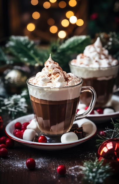 Heißes Weihnachtsgetränk mit Marshmallows unter den Elementen des Neujahrs