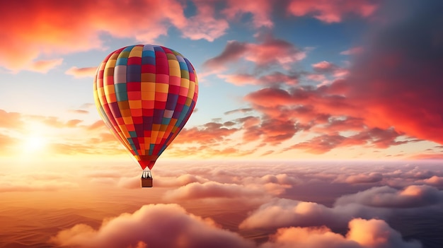 Foto heißluftballon am himmel bei sonnenuntergang wunderschöne landschaft