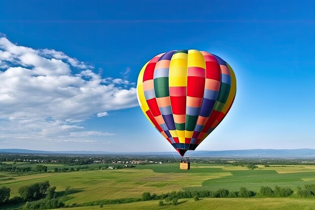 Heißluftballon auf dem grünen Bauernhof vor blauem Himmelshintergrund