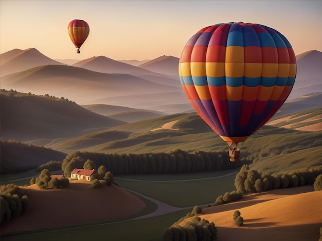 Foto heißluftballon berg und baum hintergrund