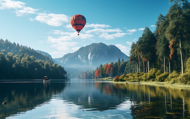 Heißluftballon, der in einem See schwimmt, im Stil eines Dokumentarfotos