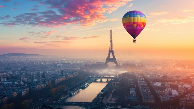 Foto heißluftballon, der über dem pariser stadtbild mit kopierraum schwebt