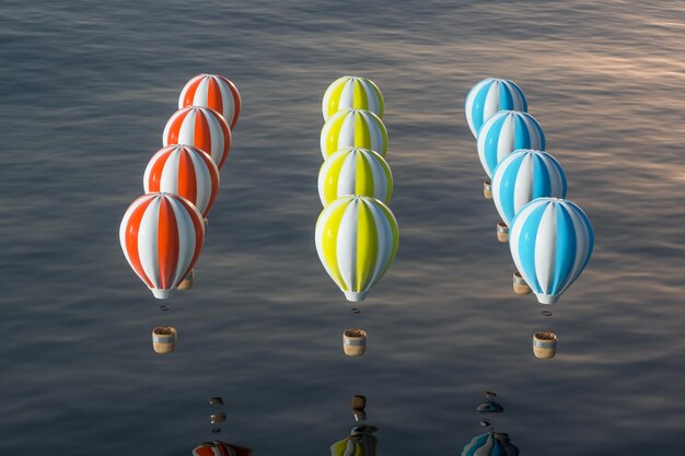 Foto heißluftballon fliegt über den ozean 3d-rendering