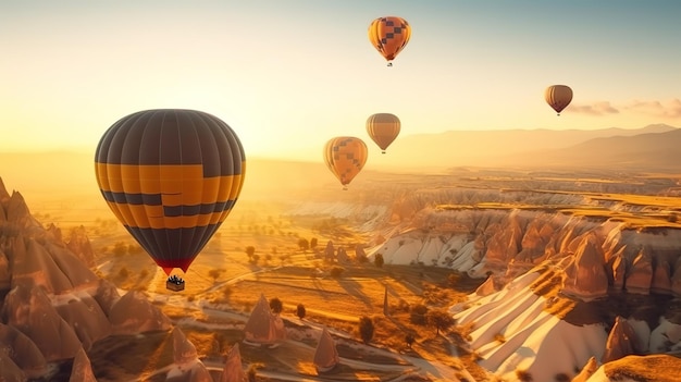 Heißluftballon fliegt über spektakuläres Kappadokien. Generative KI