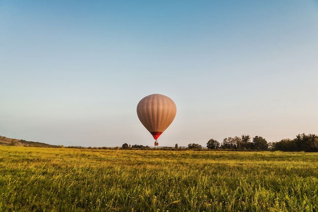 Heißluftballon im klaren blauen Himmel tief über grüner Lichtung