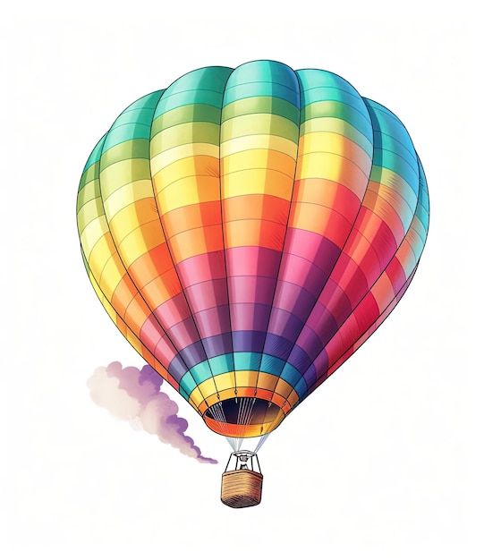 Heißluftballon kolorierter Regenbogen im Flug über weißem Hintergrund im Stil konturierter Schattierungen