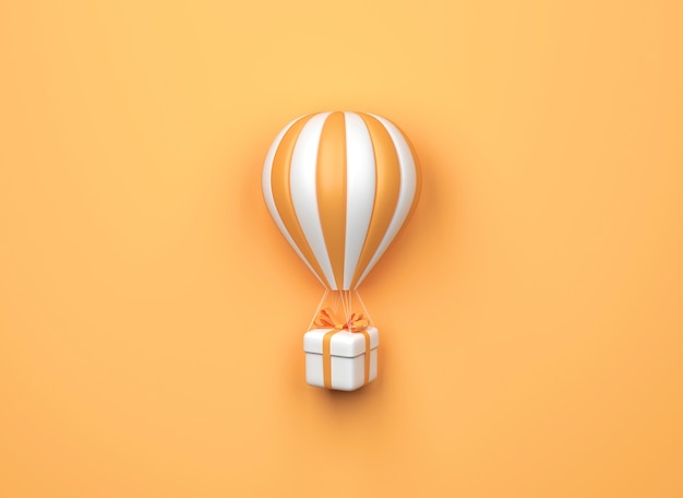 Heißluftballon mit Geschenkbox auf orangem Hintergrund. Minimaler Stil. 3D-Rendering