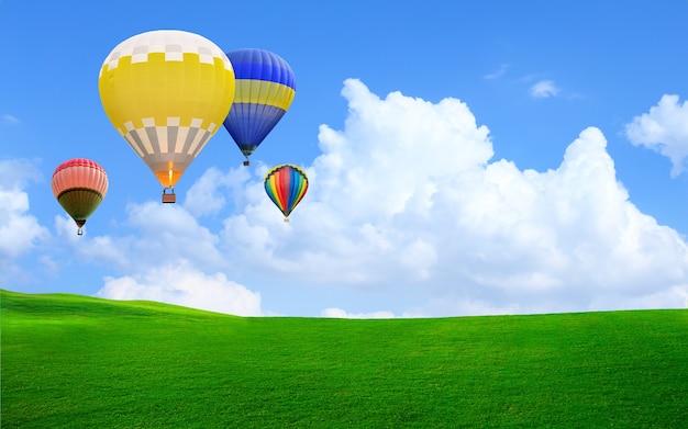 Heißluftballon schwebt in den Himmel über grünem Gras