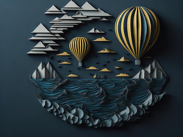 Heißluftballon über dem Meer, Papierkunst, generativ