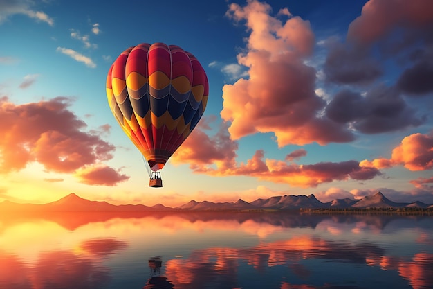 Heißluftballon über dem See bei Sonnenuntergang