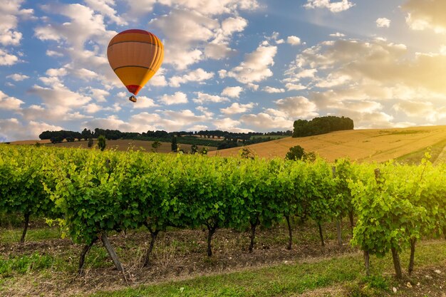 Heißluftballon über den Bergen und Weinbergen Bordeaux Frankreich