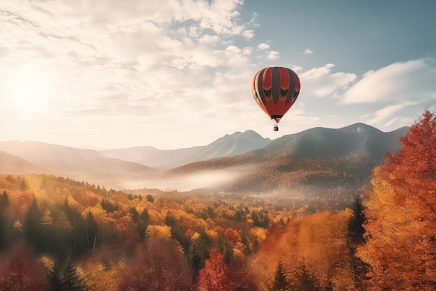 Heißluftballon über Herbstwald im Sonnenlicht AI