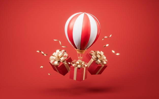 Heißluftballon und Geschenkbox 3D-Rendering