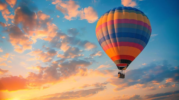 Heißluftballonfahrt bei Sonnenuntergang Der Ballon fliegt hoch am Himmel mit einem wunderschönen Sonnenaufgang im Hintergrund