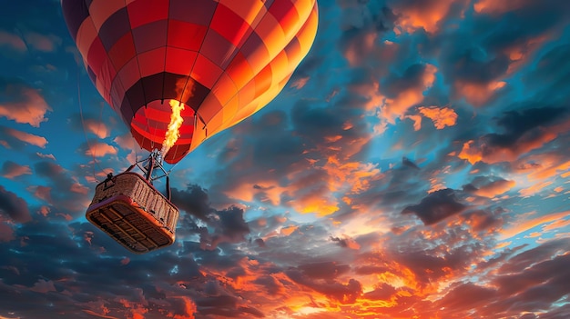 Heißluftballonfahrt bei Sonnenuntergang Der Ballon ist rot, gelb und orange und der Himmel ist tiefblau mit rosa, lila und gelben Wolken