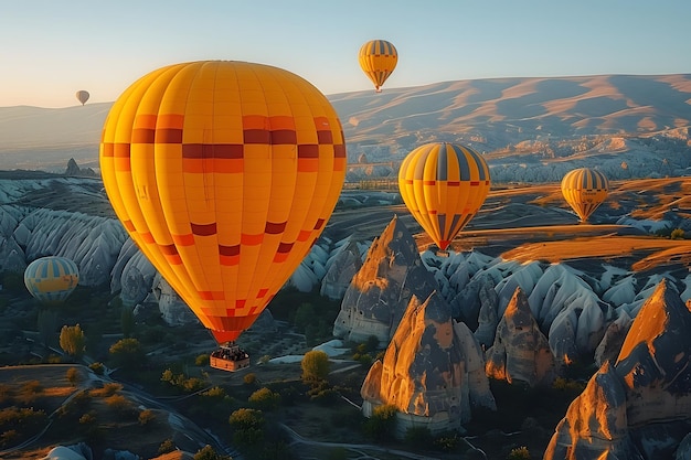 Heißluftballons fliegen bei Sonnenaufgang über malerische Landschaften mit lebendigen Farben und weichem Licht