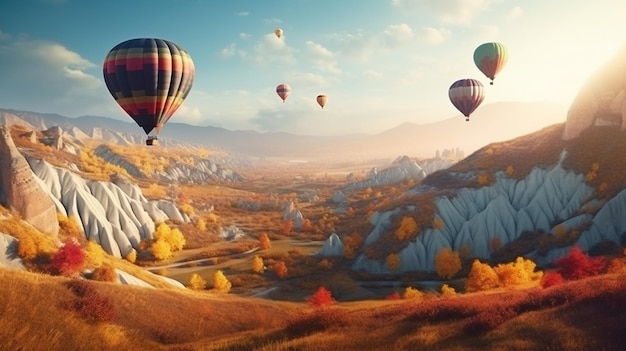 Heißluftballons fliegen über die Bergegenerative KI