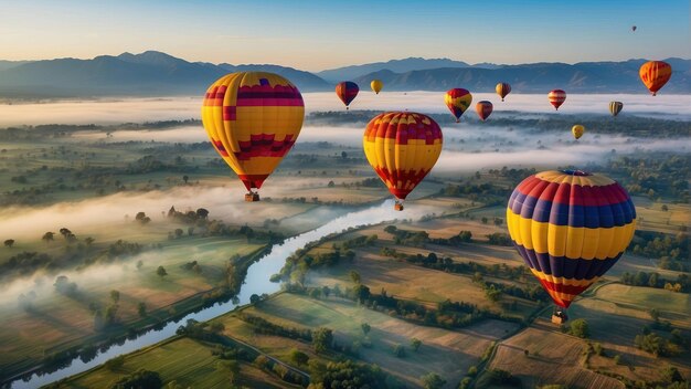 Heißluftballons fliegen über die neblige Landschaft